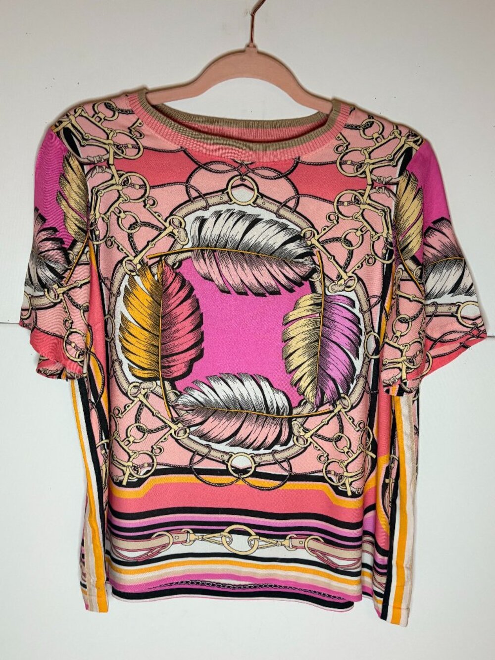 Hale Bob Woman's Pink Feather/Chain Scarf Print Bohemian Chic Top Size Large - Picture 3 of 6